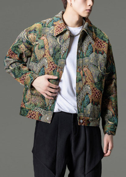 Style Green Peter Pan Collar Button Men Parka Winter RO021