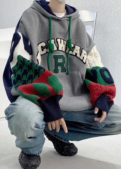 Sweat à capuche en coton patchwork brodé gris style homme automne EQ009