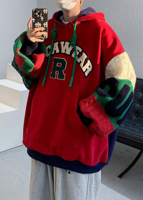 Sweat à capuche en coton patchwork brodé gris style homme automne EQ009