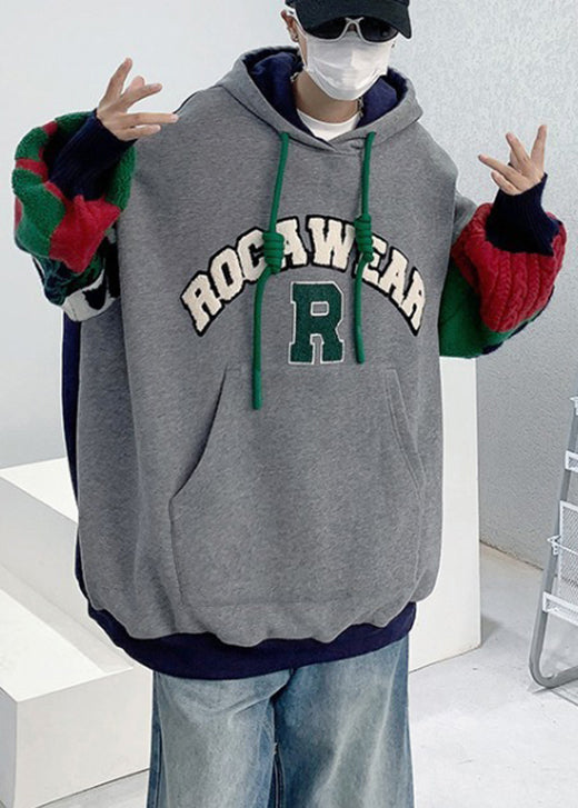 Sweat à capuche en coton patchwork brodé gris style homme automne EQ009