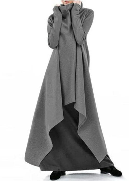 Stil Grau Hign Neck Asymmetrisches Design Baumwolle Kleid Frühling TL041