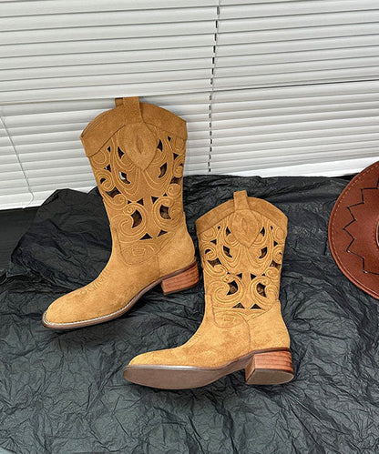 Bottes épaisses à broderies creuses de style cuir de vachette marron DD1055