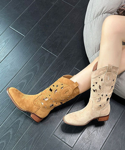 Bottes épaisses à broderies creuses de style cuir de vachette marron DD1055