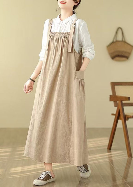 Baumwolle Sommer Cami Übergroßes Khaki Kleid Taschen Stil