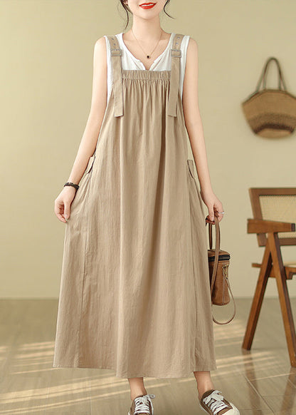 Baumwolle Sommer Cami Übergroßes Khaki Kleid Taschen Stil