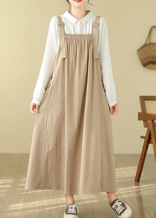 Baumwolle Sommer Cami Übergroßes Khaki Kleid Taschen Stil