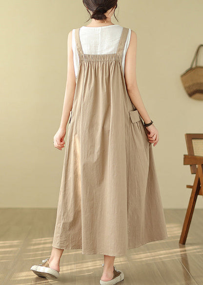 Baumwolle Sommer Cami Übergroßes Khaki Kleid Taschen Stil
