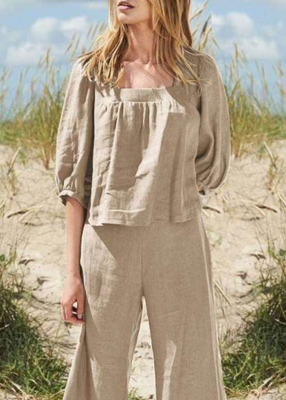 And Top Set Half Collar Pants Two Crop Khaki Square Style Pieces
