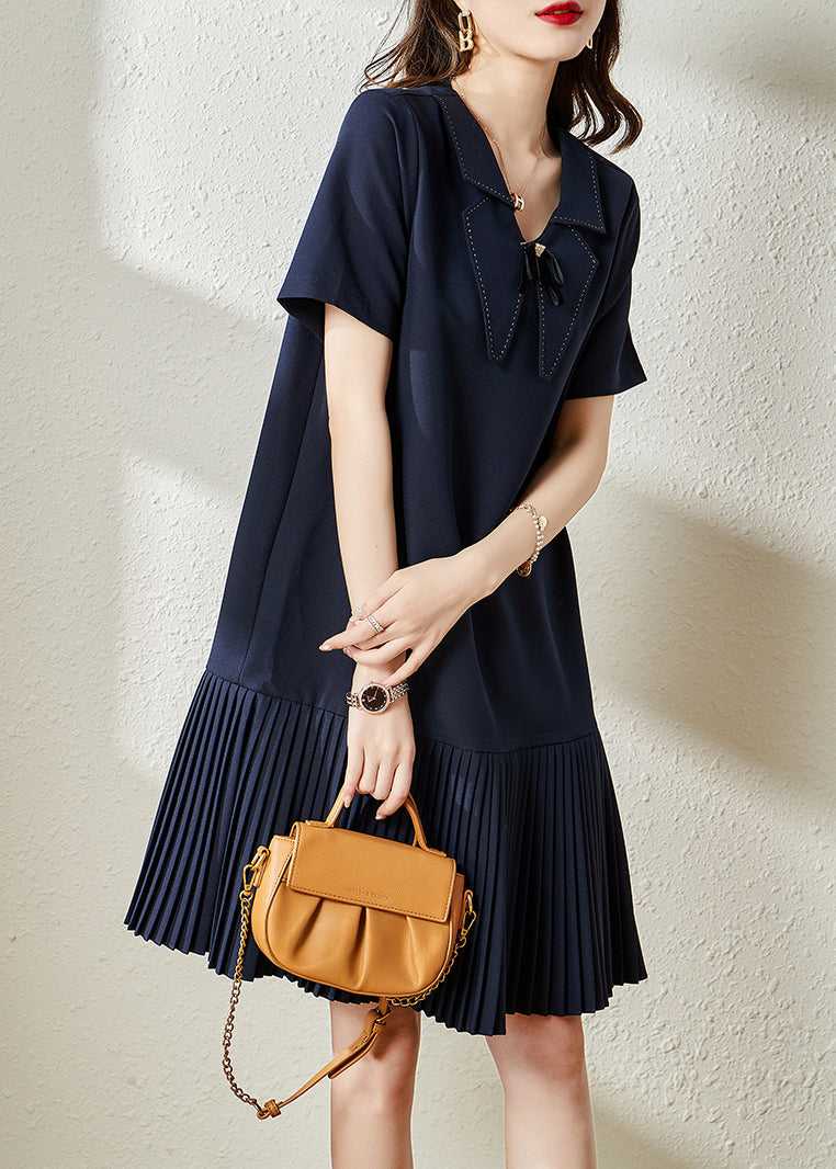 Style Navy Peter Pan Collar Patchwork Cotton Pleated Dresses Summer YY008