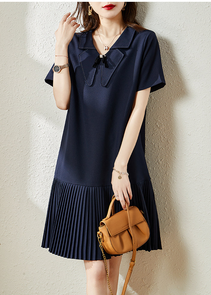 Style Navy Peter Pan Collar Patchwork Cotton Pleated Dresses Summer YY008