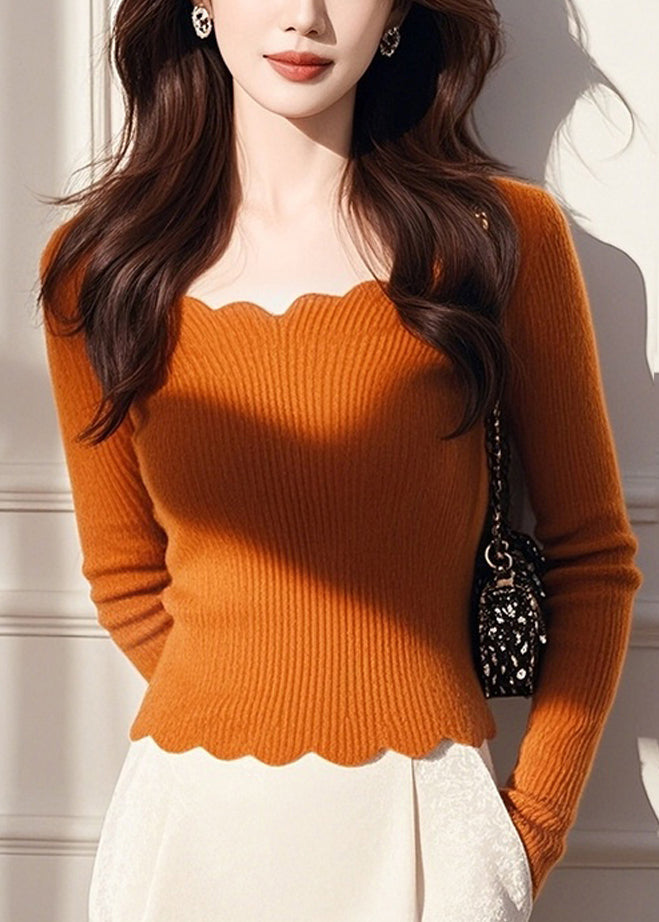 Stil Orange O Neck Knit Kurze Pullover Tops Frühling TO014