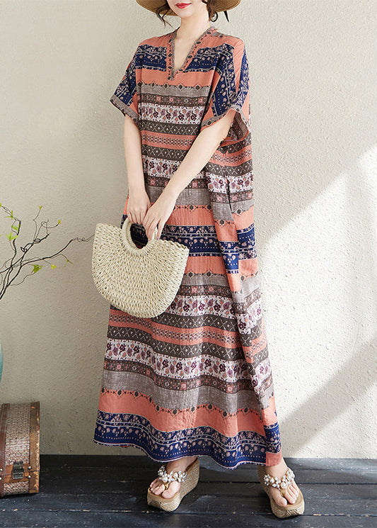 Kleider Sommer Print Orange Lang Gestreift Oversized Style Baumwolle