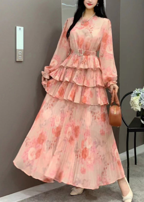 Style Orange Ruffled Patchwork Tie Waist Chiffon Dresses Long Sleeve XX039