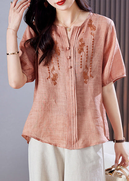 Leinen Sommer Style Top Shirt Bestickt Rosa