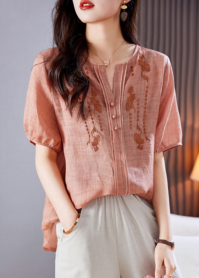 Leinen Sommer Style Top Shirt Bestickt Rosa