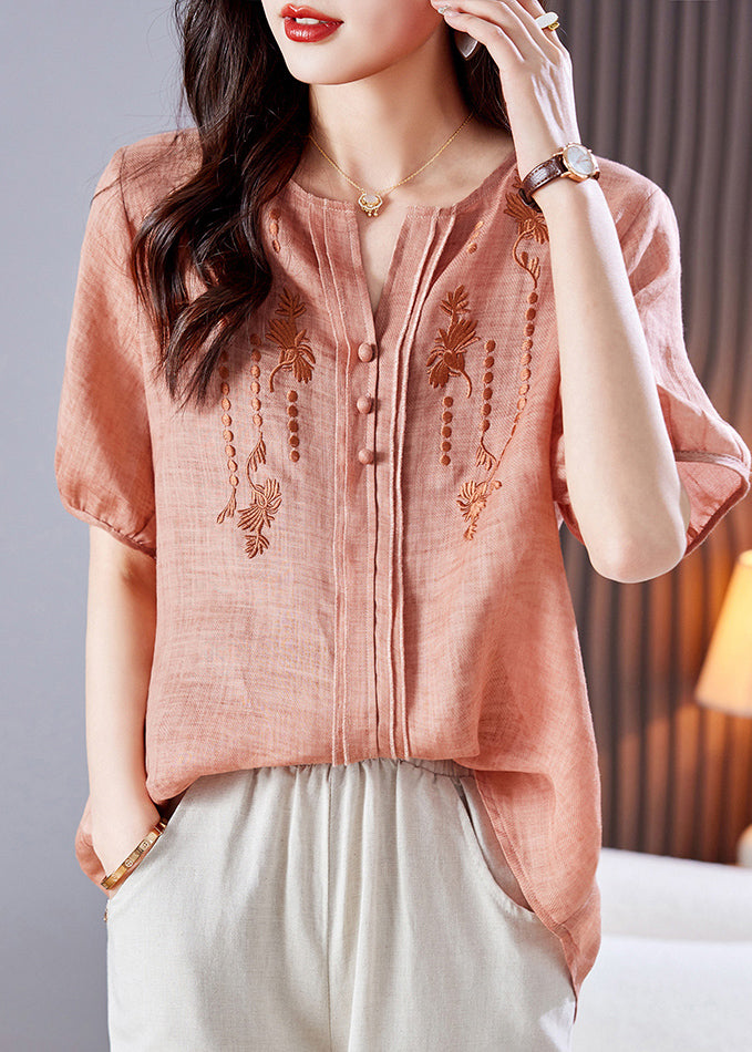 Leinen Sommer Style Top Shirt Bestickt Rosa