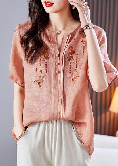 Leinen Sommer Style Top Shirt Bestickt Rosa