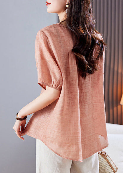 Leinen Sommer Style Top Shirt Bestickt Rosa
