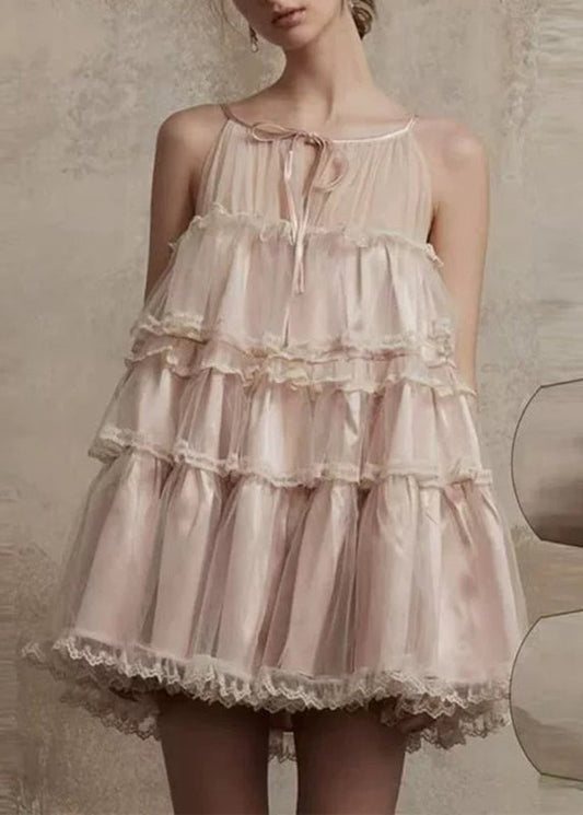 Sommer Stil Spitze Mid Tüll Kleid Rüschen Rosa O-Ausschnitt Patchwork
