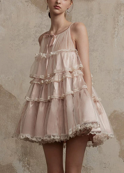 Sommer Stil Spitze Mid Tüll Kleid Rüschen Rosa O-Ausschnitt Patchwork