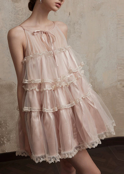 Sommer Stil Spitze Mid Tüll Kleid Rüschen Rosa O-Ausschnitt Patchwork