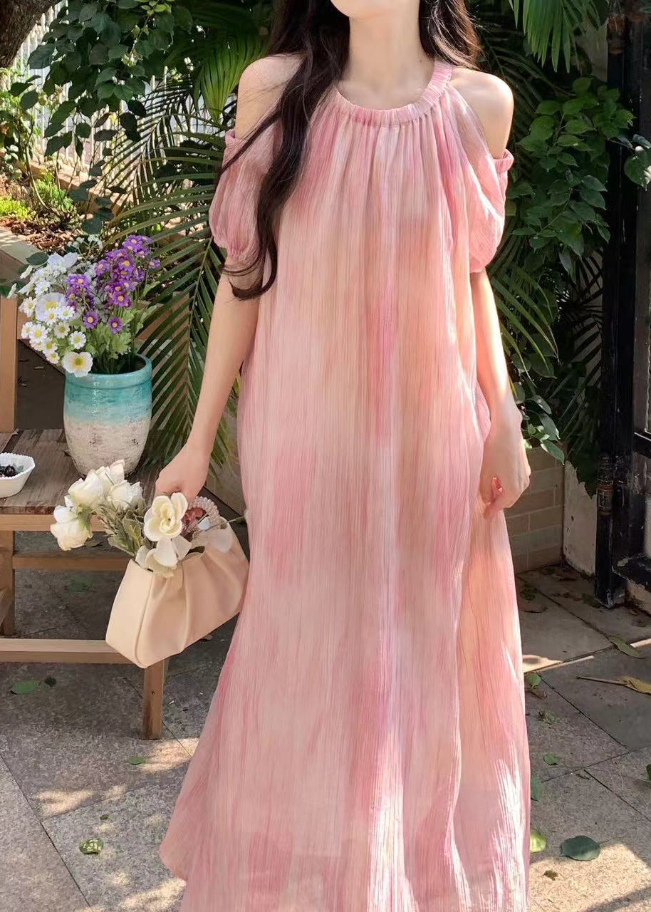 Style Pink Off The Shoulder Puff Sleeve Chiffon Dress XX059