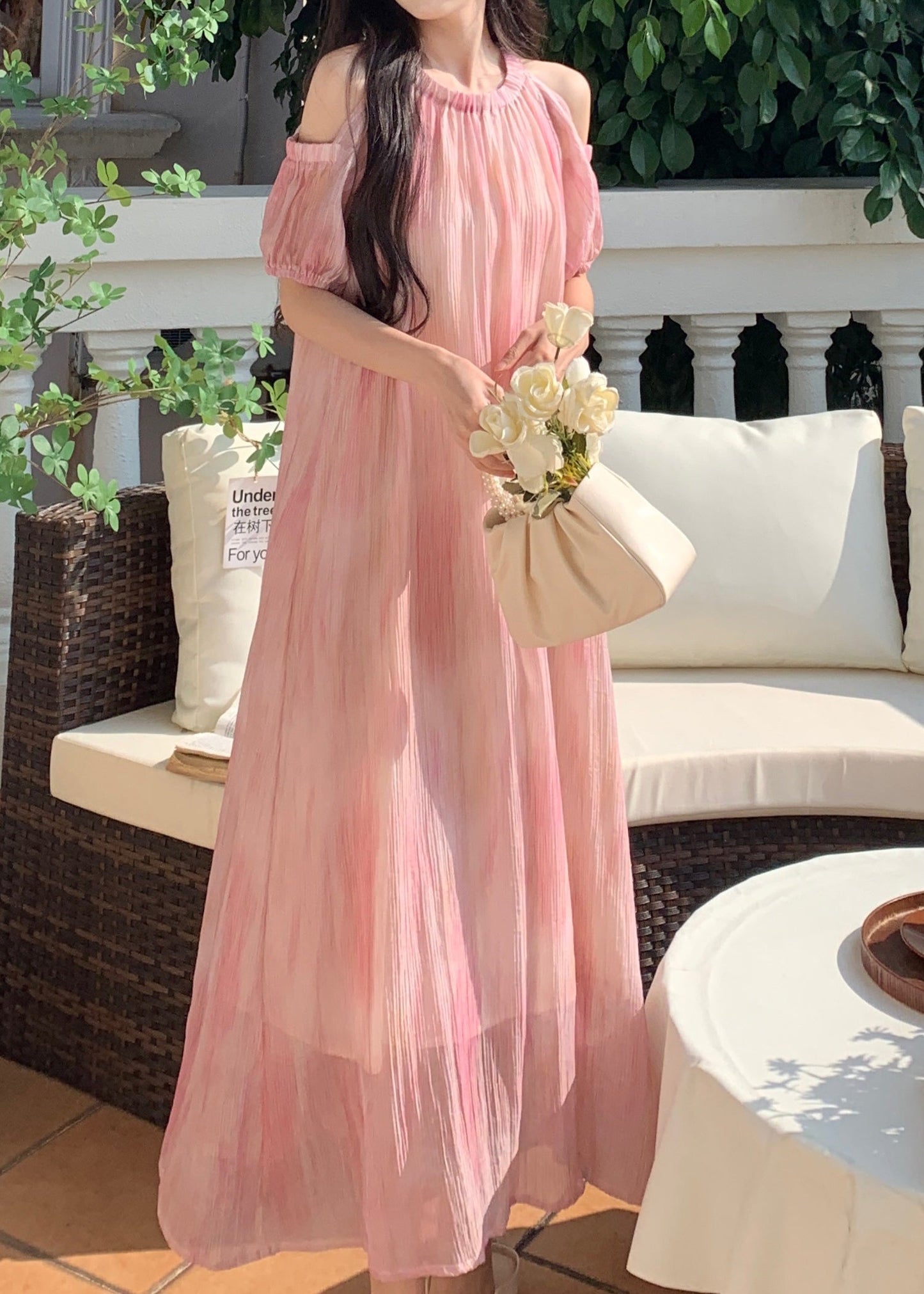 Style Pink Off The Shoulder Puff Sleeve Chiffon Dress XX059