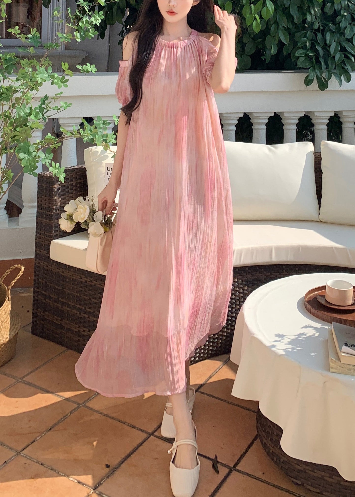 Style Pink Off The Shoulder Puff Sleeve Chiffon Dress XX059