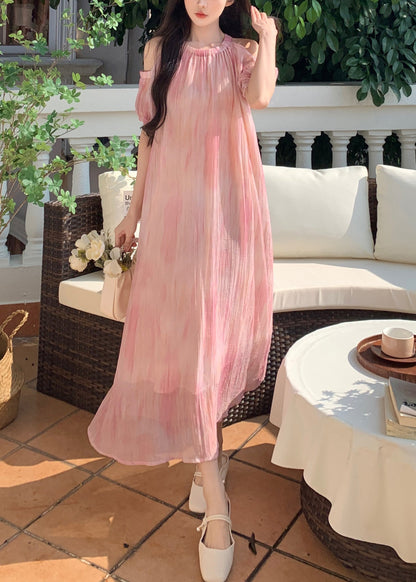 Robe en mousseline de soie rose à épaules dénudées et manches bouffantes XX059