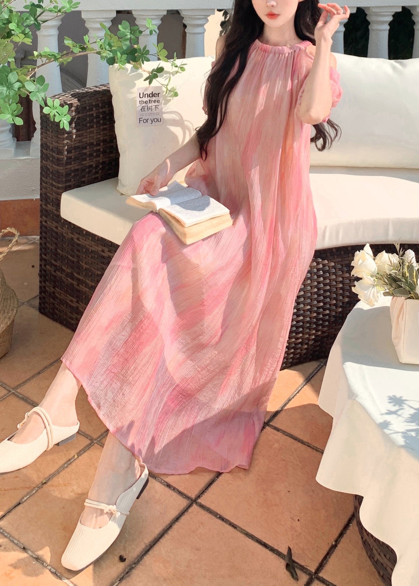 Style Pink Off The Shoulder Puff Sleeve Chiffon Dress XX059