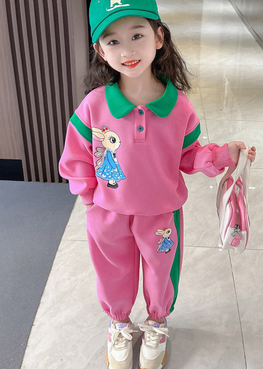 Style Pink Peter Pan Collar Patchwork Animal Kids Top And Pants Two Pieces Set Spring TR019