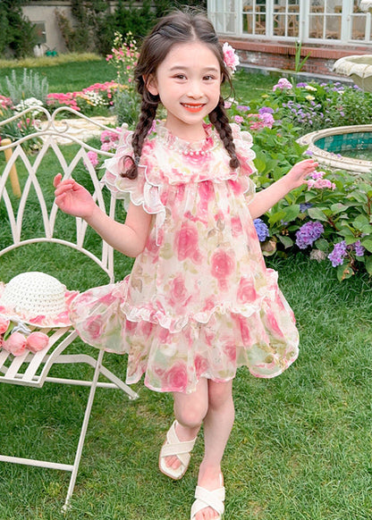 Robe mi-longue rose à col montant et imprimé clous et perles en tulle pour enfants, été XZ029