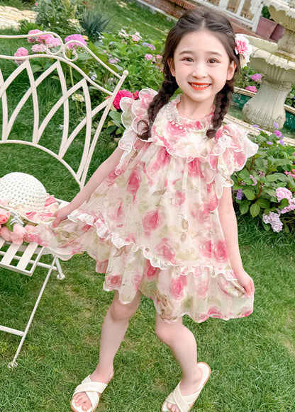 Robe mi-longue rose à col montant et imprimé clous et perles en tulle pour enfants, été XZ029