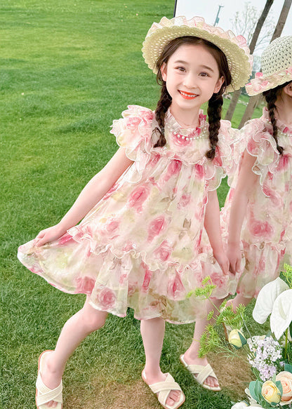 Robe mi-longue rose à col montant et imprimé clous et perles en tulle pour enfants, été XZ029