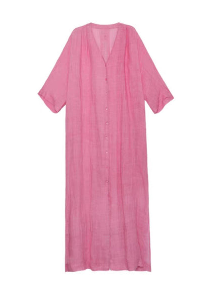 Robe longue en lin rose à col en V et lacets avec boutons pour l'été AP079