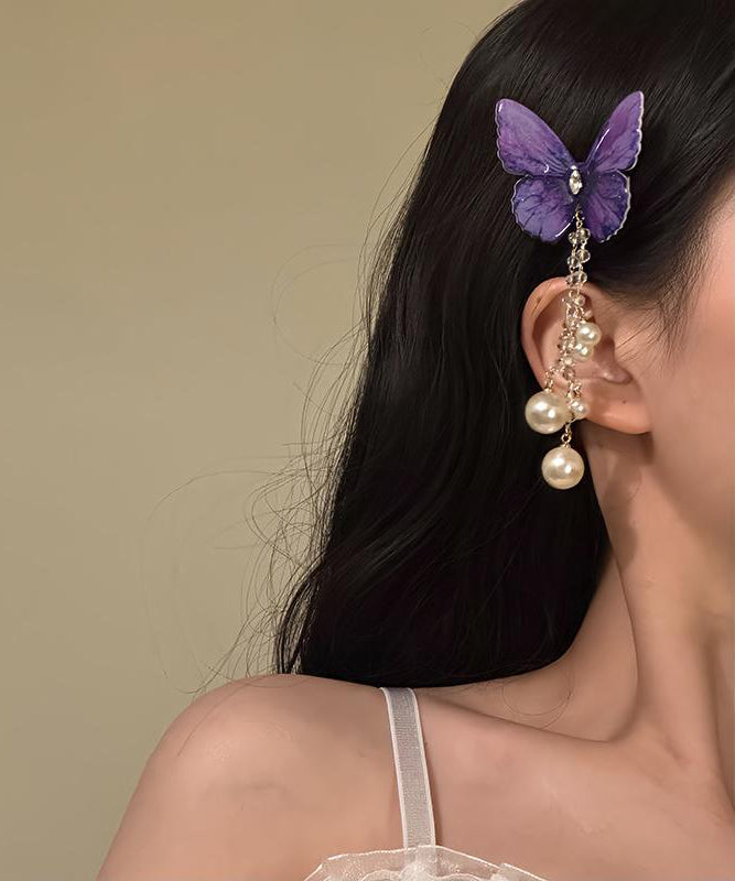 Butterfly Hairpin Style Zircon Tassel Pearl Purple Alloy