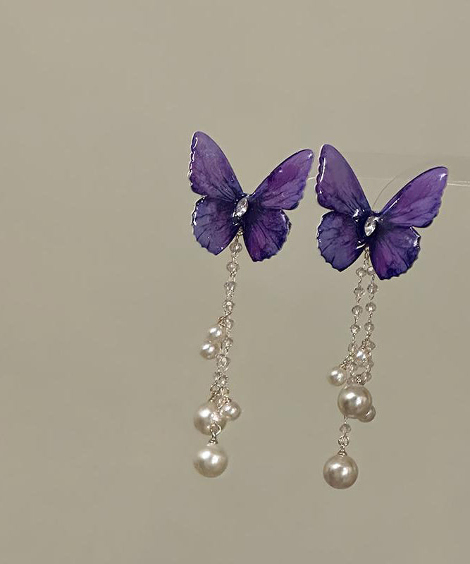 Butterfly Hairpin Style Zircon Tassel Pearl Purple Alloy