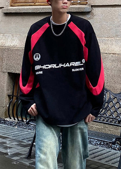 Sweat-shirt rouge à col rond en coton patchwork pour homme, style streetwear, automne EQ012