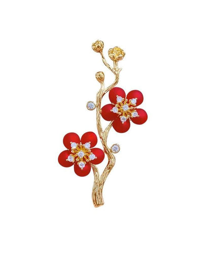 Broche fleur de prunier en argent sterling rouge et zircon surdoré style ET022