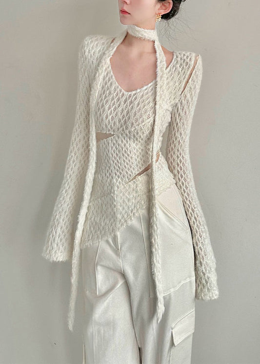 Style White Asymmetrical Hollow Out Knit Shirt Top Fall AL1060