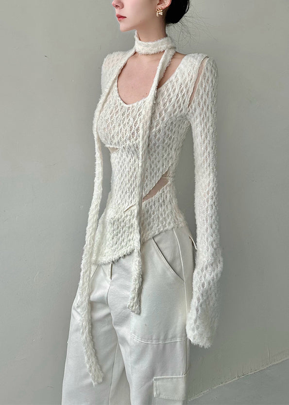 Haut en tricot asymétrique blanc style automne AL1060