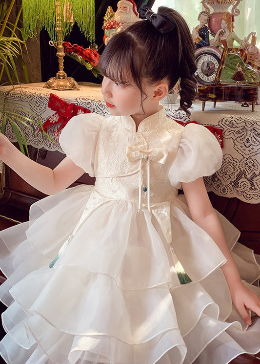 Knopf Maxi Quaste Stil Kleid Kinder Tüll Weiß Sommer