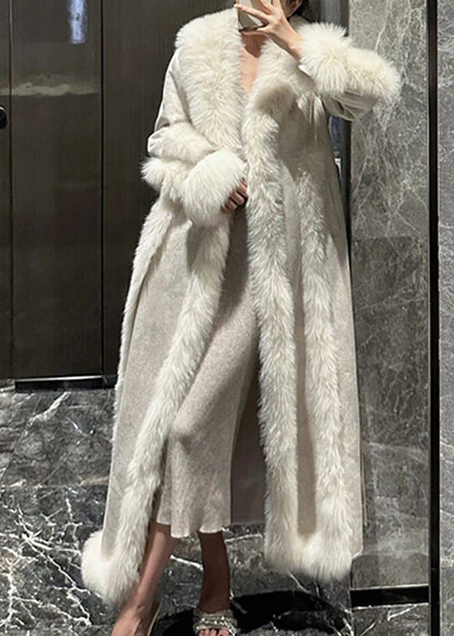 Style White Fox Collar Patchwork Pockets Leather And Fur Long Coats Winter RP020