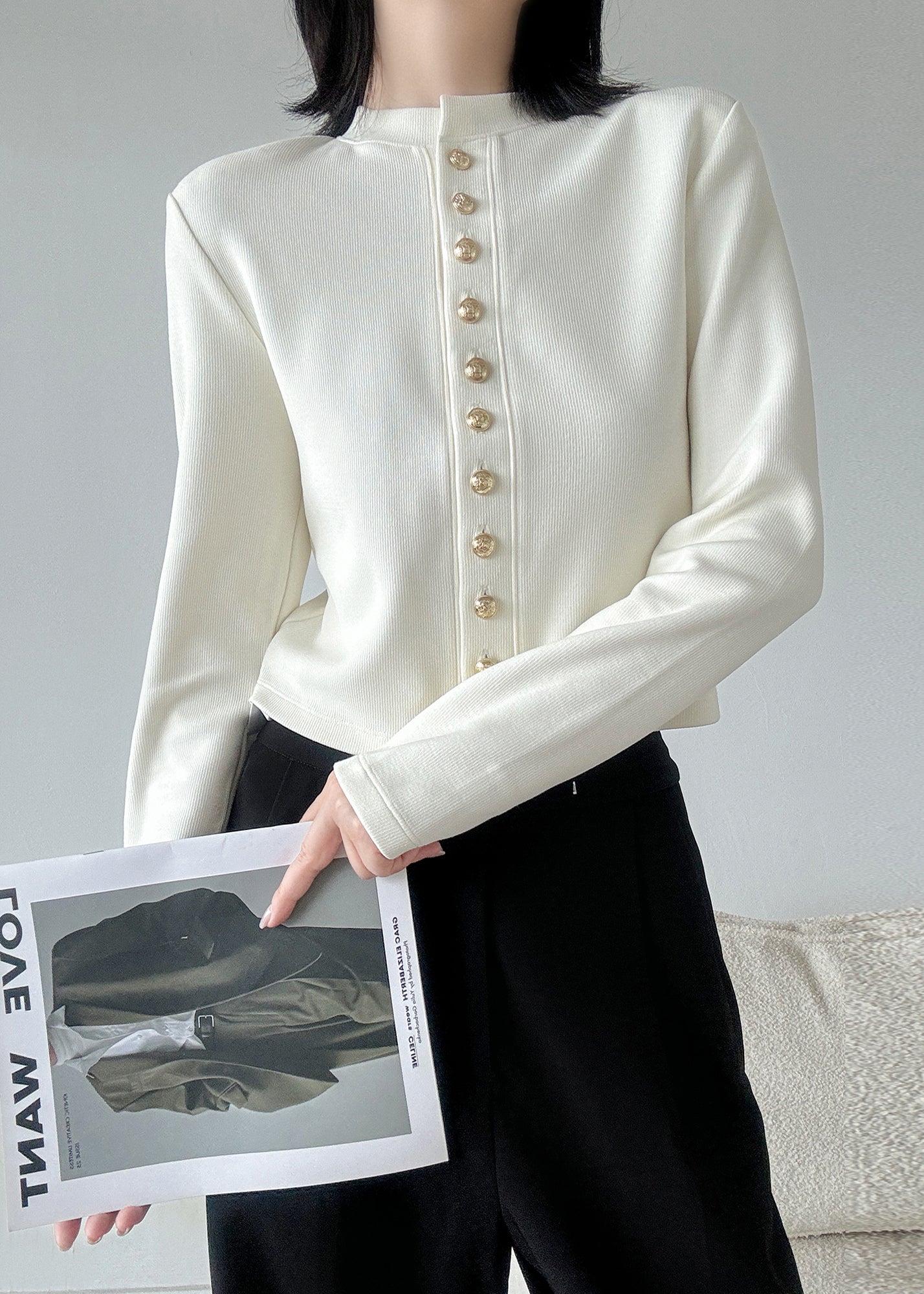 Cardigans blancs en tricot patchwork à col rond et boutons, style printemps RB008