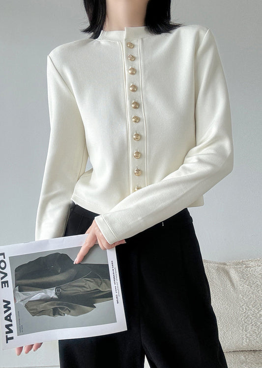 Cardigans blancs en tricot patchwork à col rond et boutons, style printemps RB008