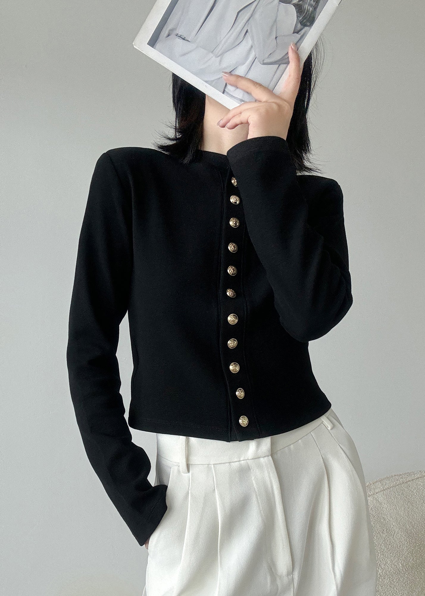 Cardigans blancs en tricot patchwork à col rond et boutons, style printemps RB008