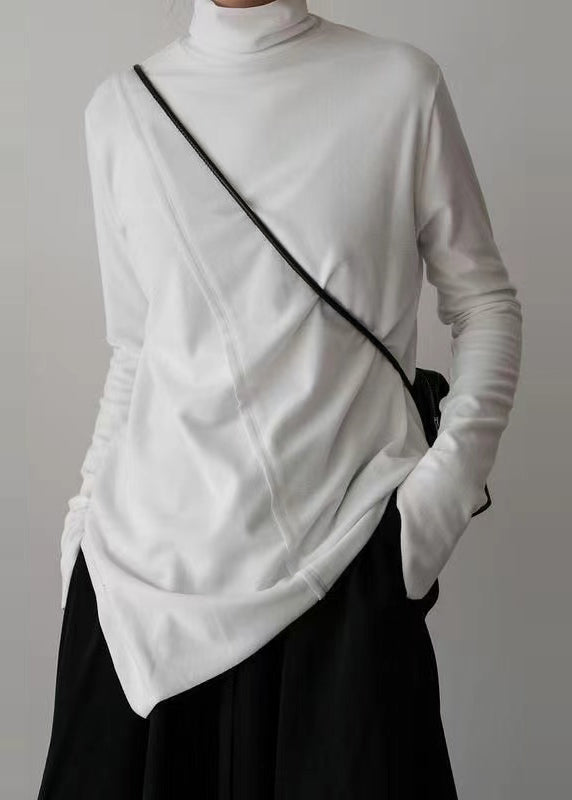 Haut en coton à col montant blanc et design asymétrique, printemps TL002