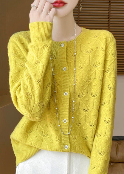 Cardigan en laine jacquard ajouré jaune style printemps TQ016