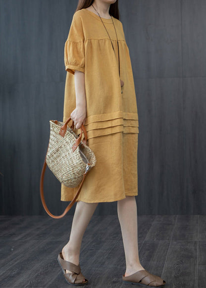 Stil Sommer Patchwork Wrinkled Gelb Oversized Kleid Mid
