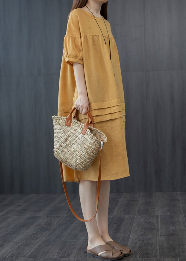 Stil Sommer Patchwork Wrinkled Gelb Oversized Kleid Mid